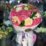 Buchet rotund roz si candle light